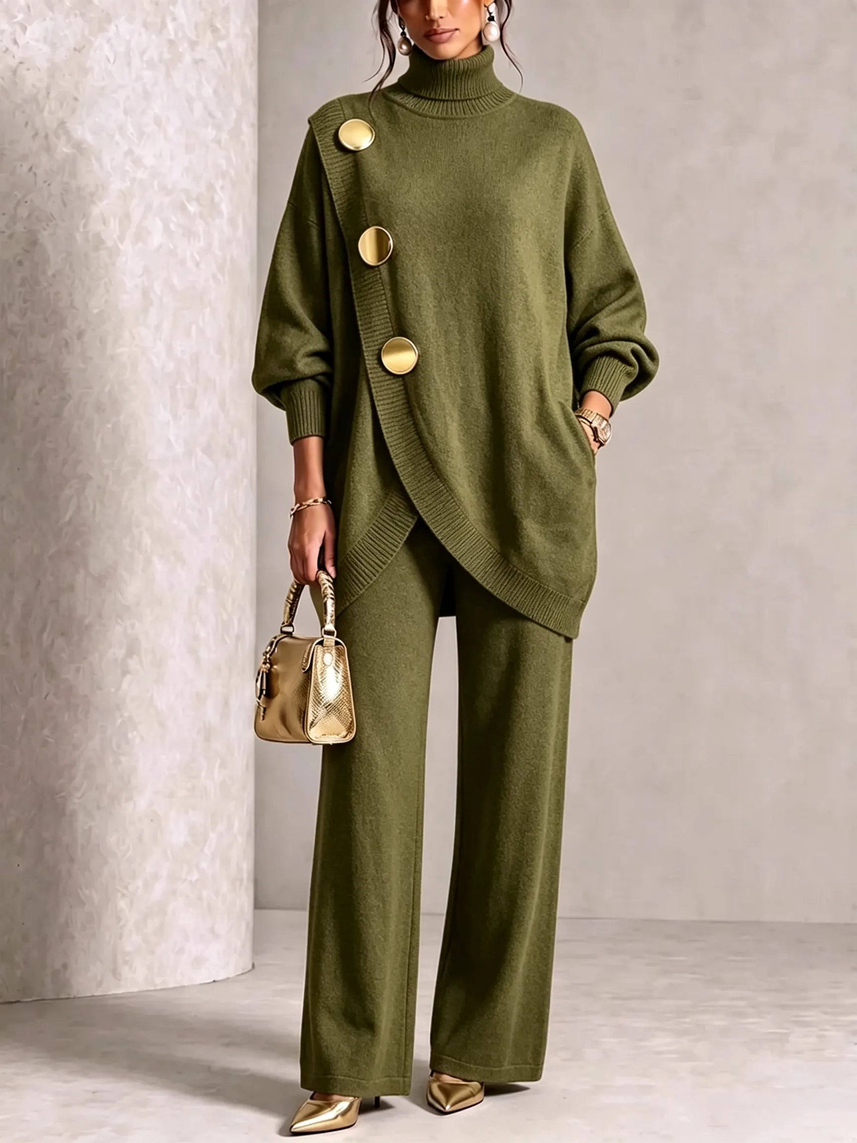 ⏰ LAST DAY SAVE 49% 💥 Gold-Button Asymmetric Knit Lounge Set