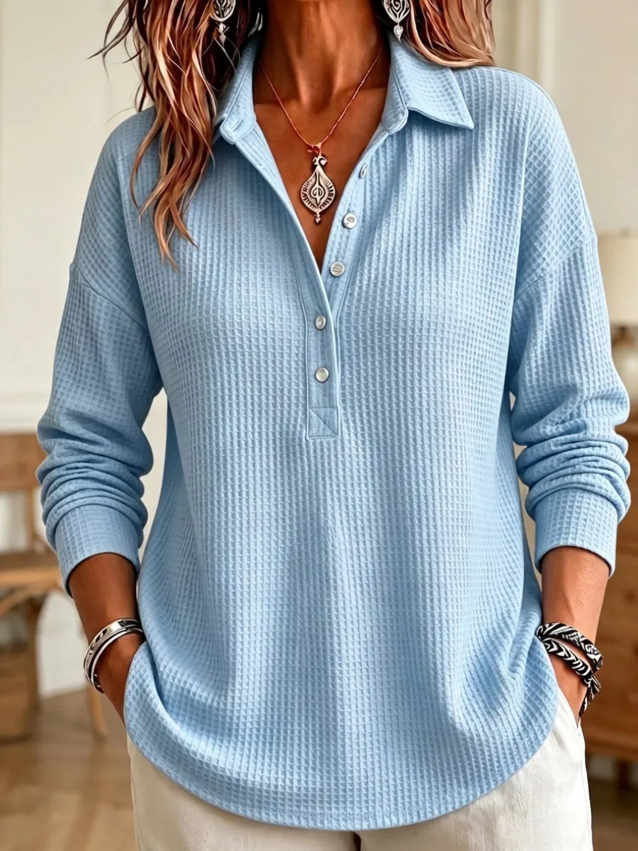 CLEARANCE SALEš„ Women's Casual Waffle Knit Collared Henley Long Sleeve Shirt
