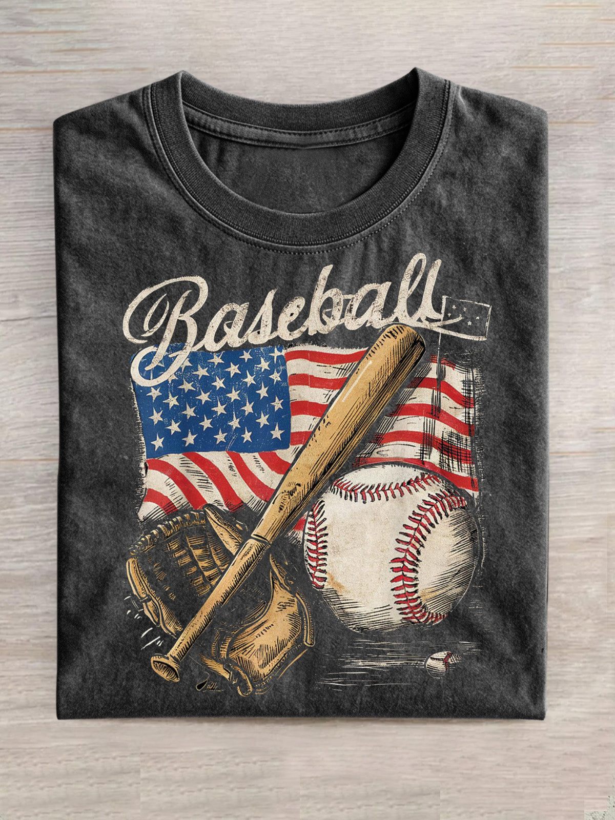 Vintage Baseball American Flag Cotton Short Sleeve T-shirt