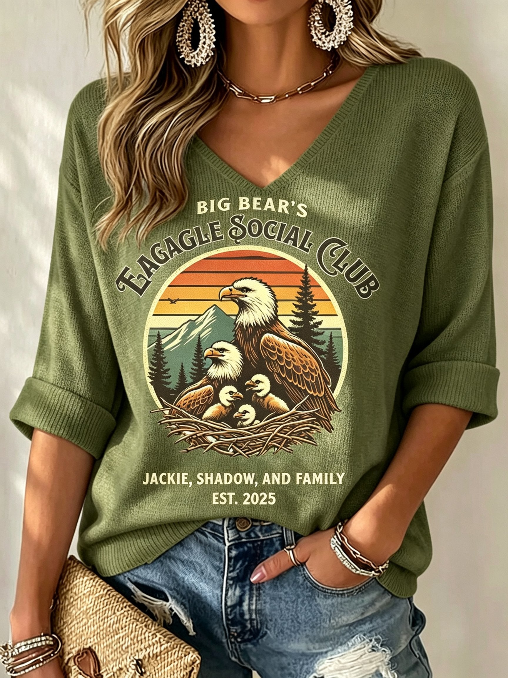 Women's Jackie The Eagle Print V Neck Top