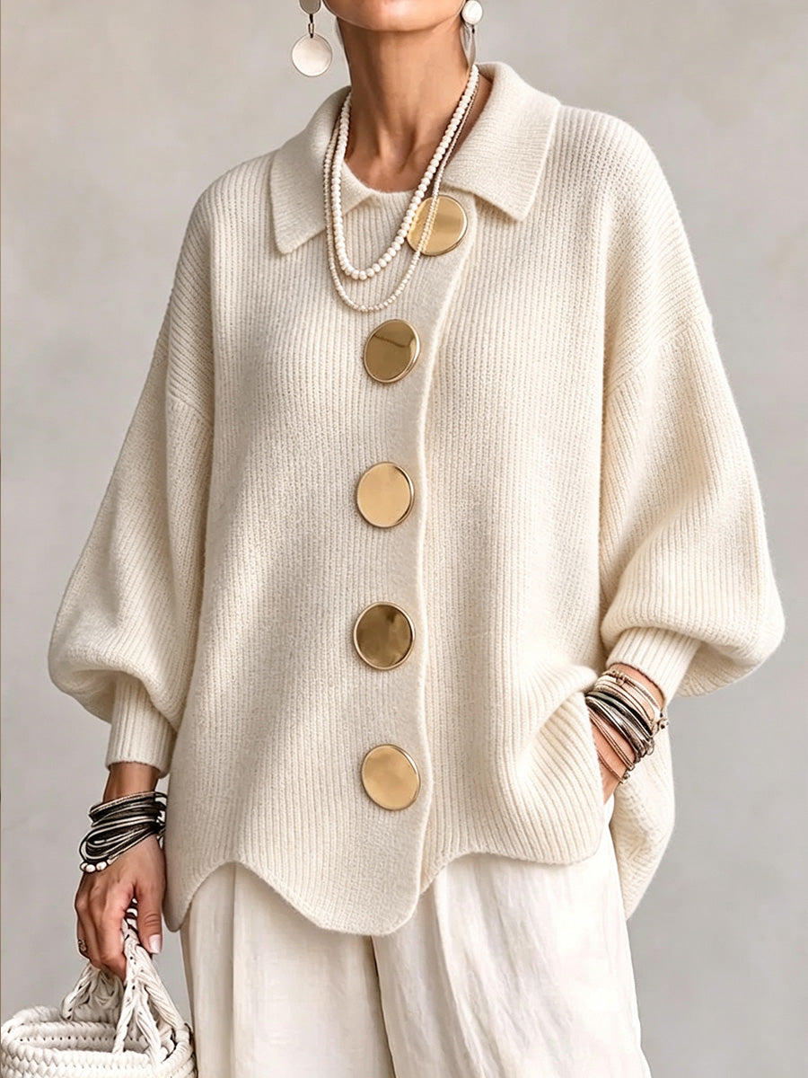 New Arrivalš„ Oversized Collared Knit Cardigan With Large Metal Buttons