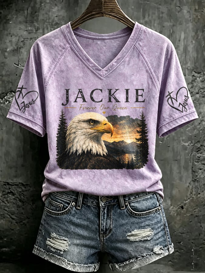 V Neck Retro Jackie Forever Our Queen Print T-Shirt