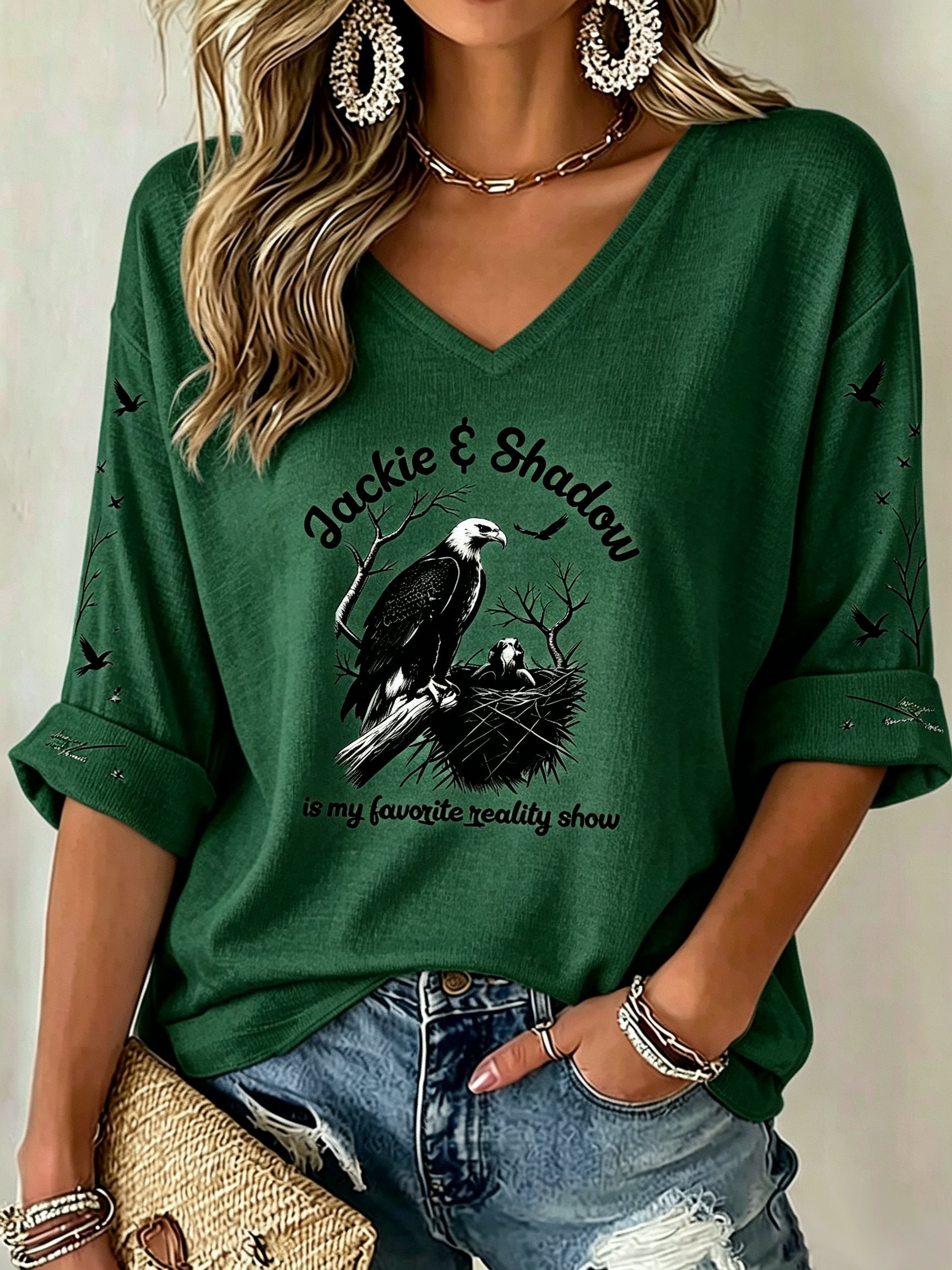 Women's Forever Over Big Bear Print V Neck Top