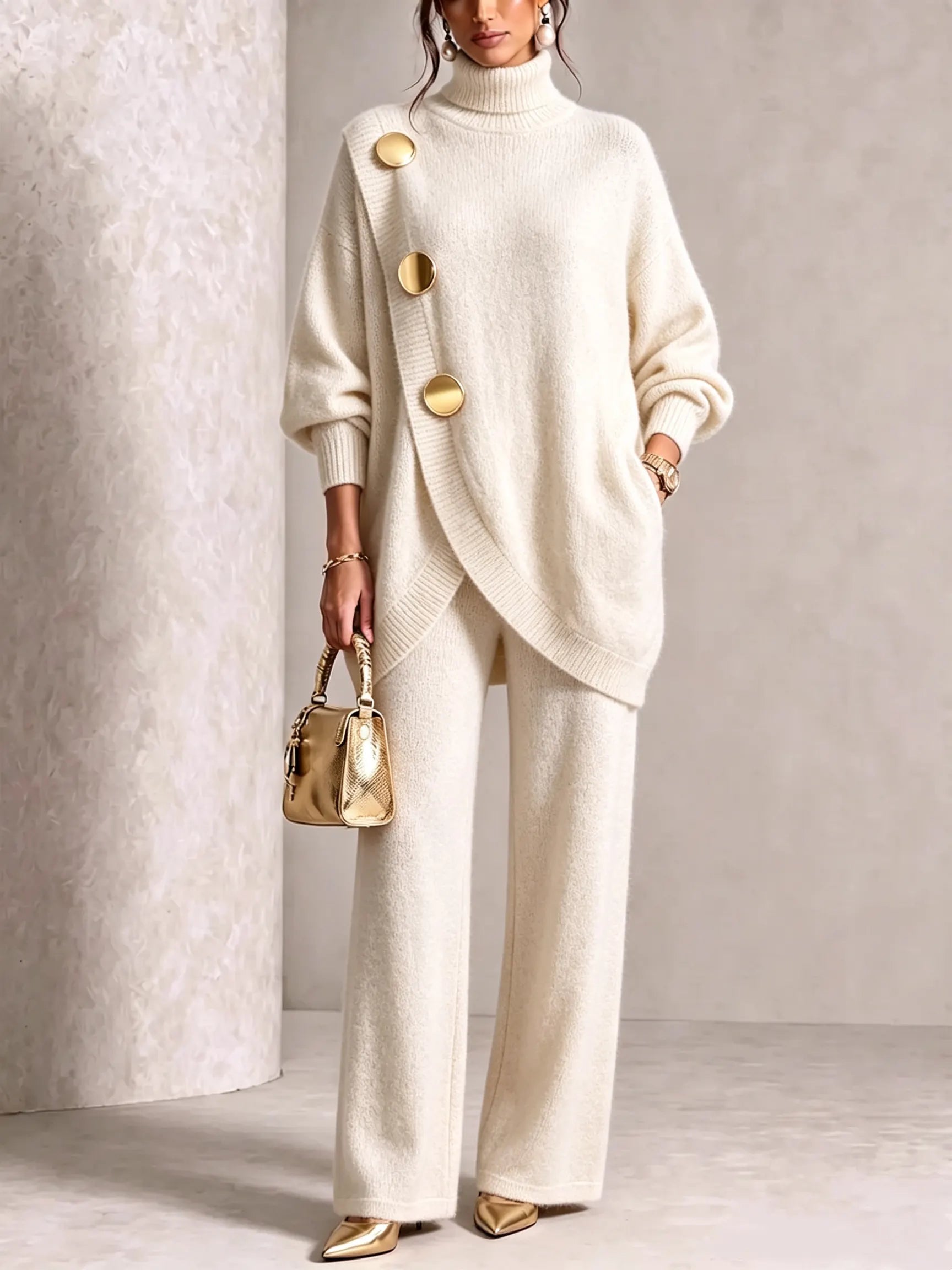 ⏰ LAST DAY SAVE 49% 💥 Gold-Button Asymmetric Knit Lounge Set