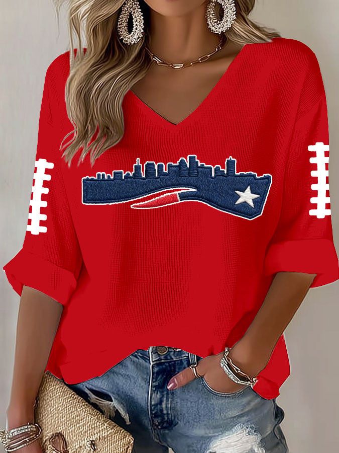 Women's Football Print Waffle Long Sleeve T-Shirt