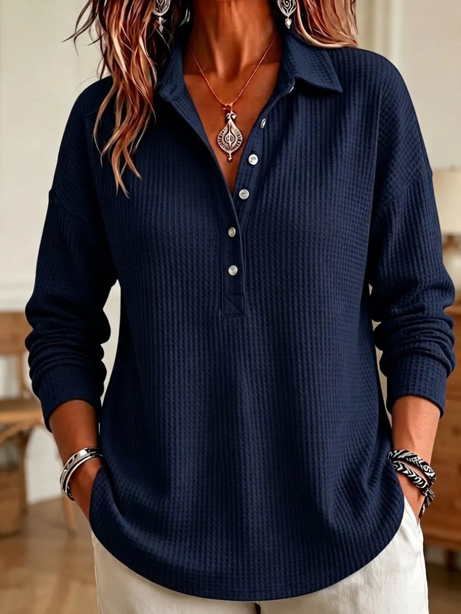 CLEARANCE SALEš„ Women's Casual Waffle Knit Collared Henley Long Sleeve Shirt