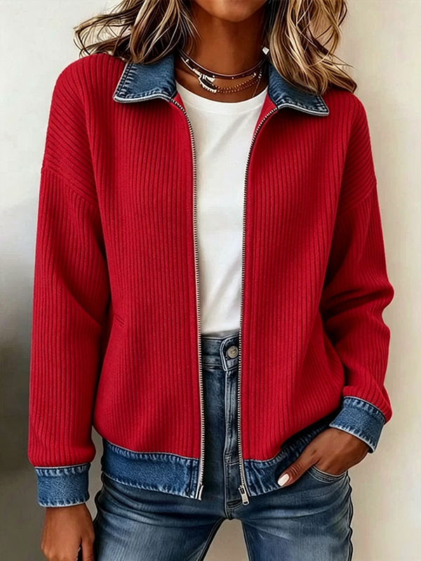 CLEARANCE SALE🔥Women's Casual Ribbed Knit Zip-Up Jacket with Contrast Denim Details