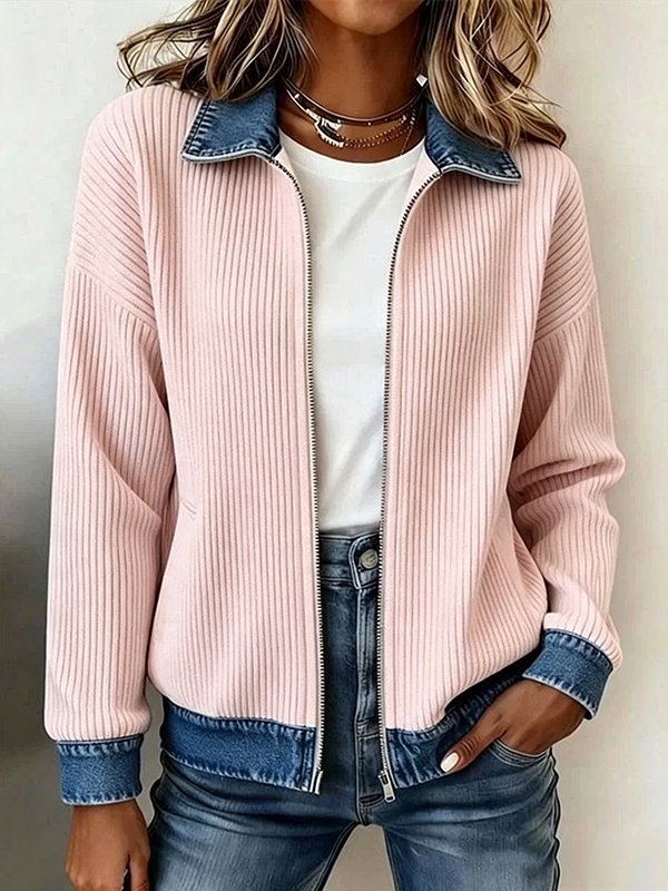 CLEARANCE SALE🔥Women's Casual Ribbed Knit Zip-Up Jacket with Contrast Denim Details