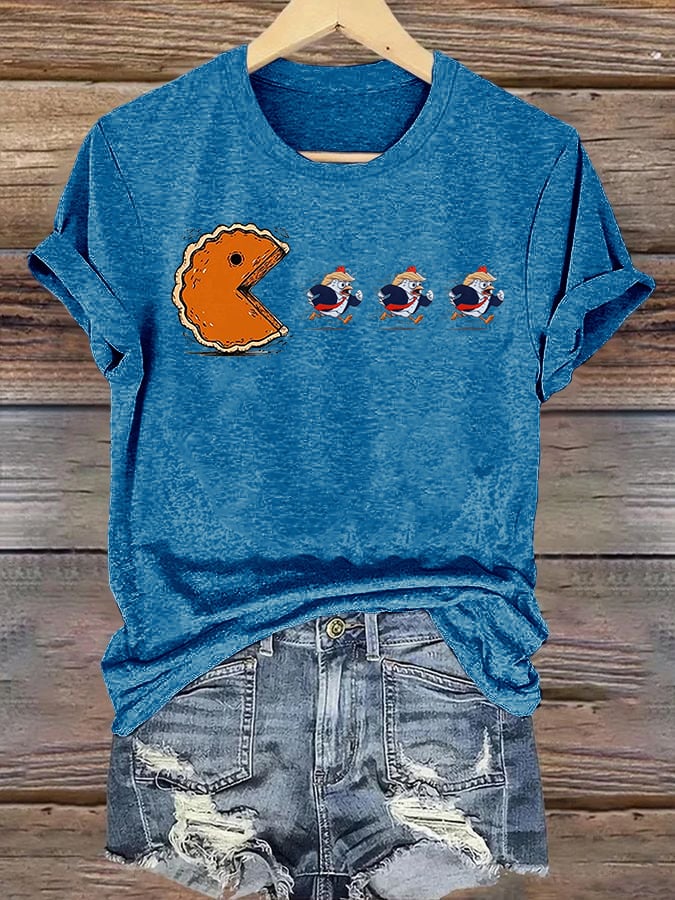 Women's Funny Turkey Chasing Pie Sublimation FDT Thanksgiving T-Shirt