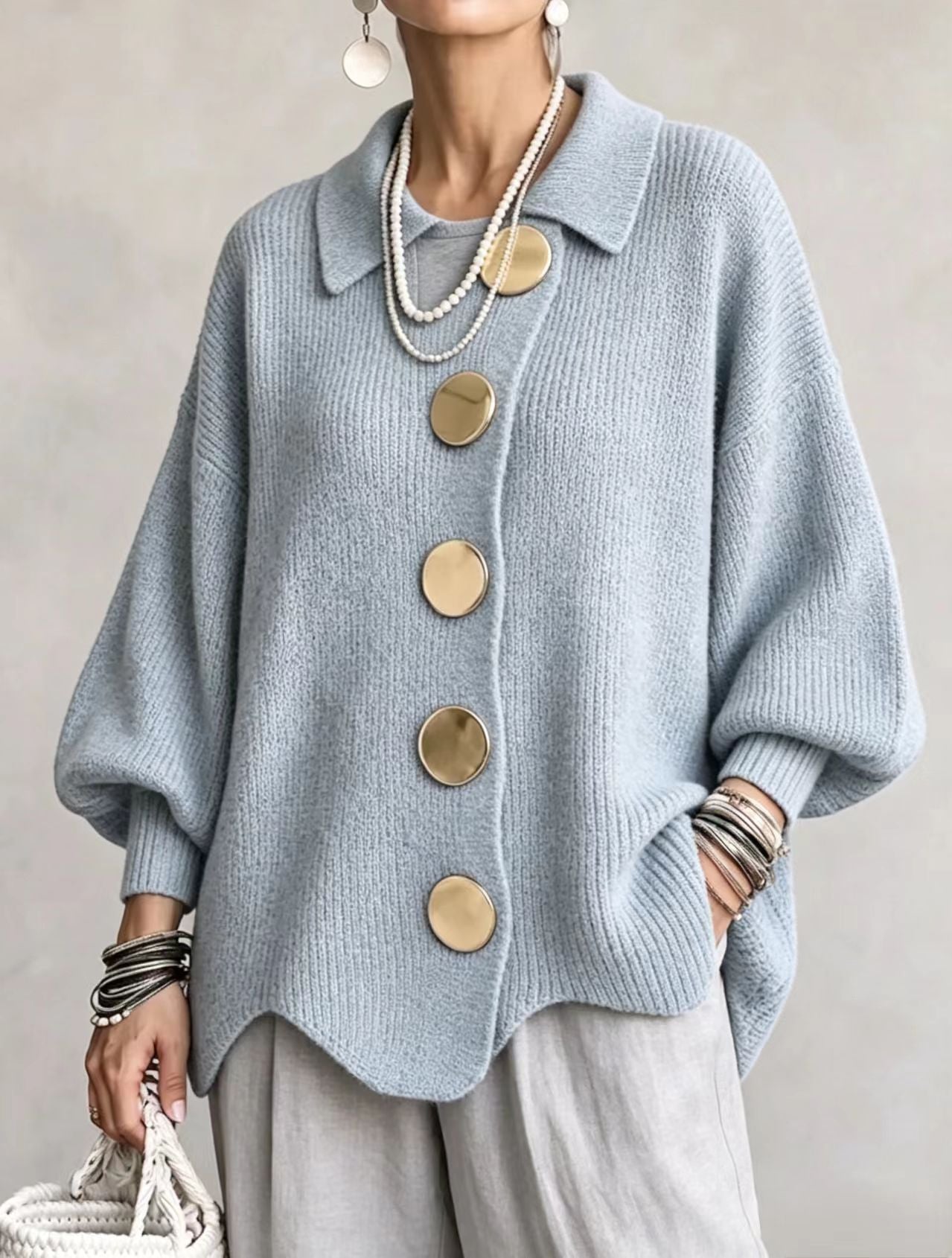 New Arrivalš„ Oversized Collared Knit Cardigan With Large Metal Buttons