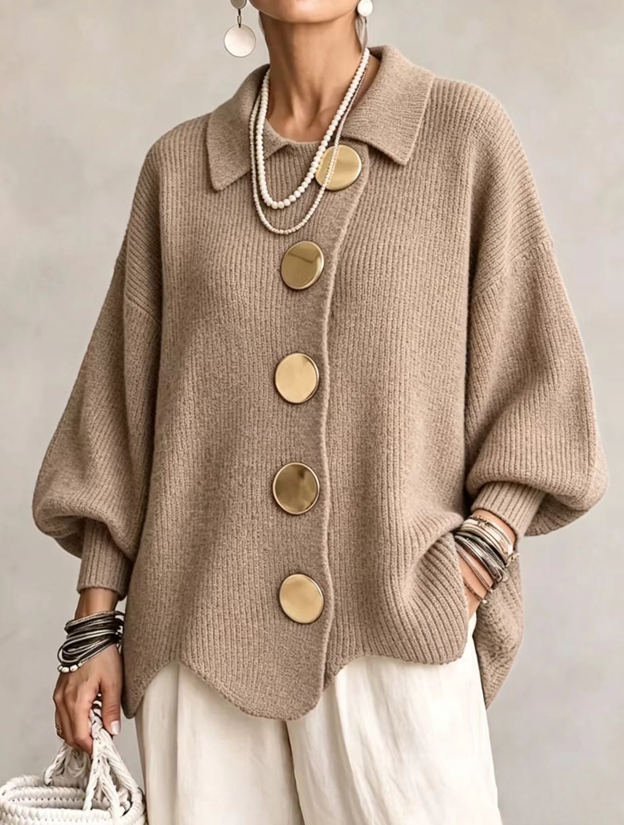 New Arrivalš„ Oversized Collared Knit Cardigan With Large Metal Buttons
