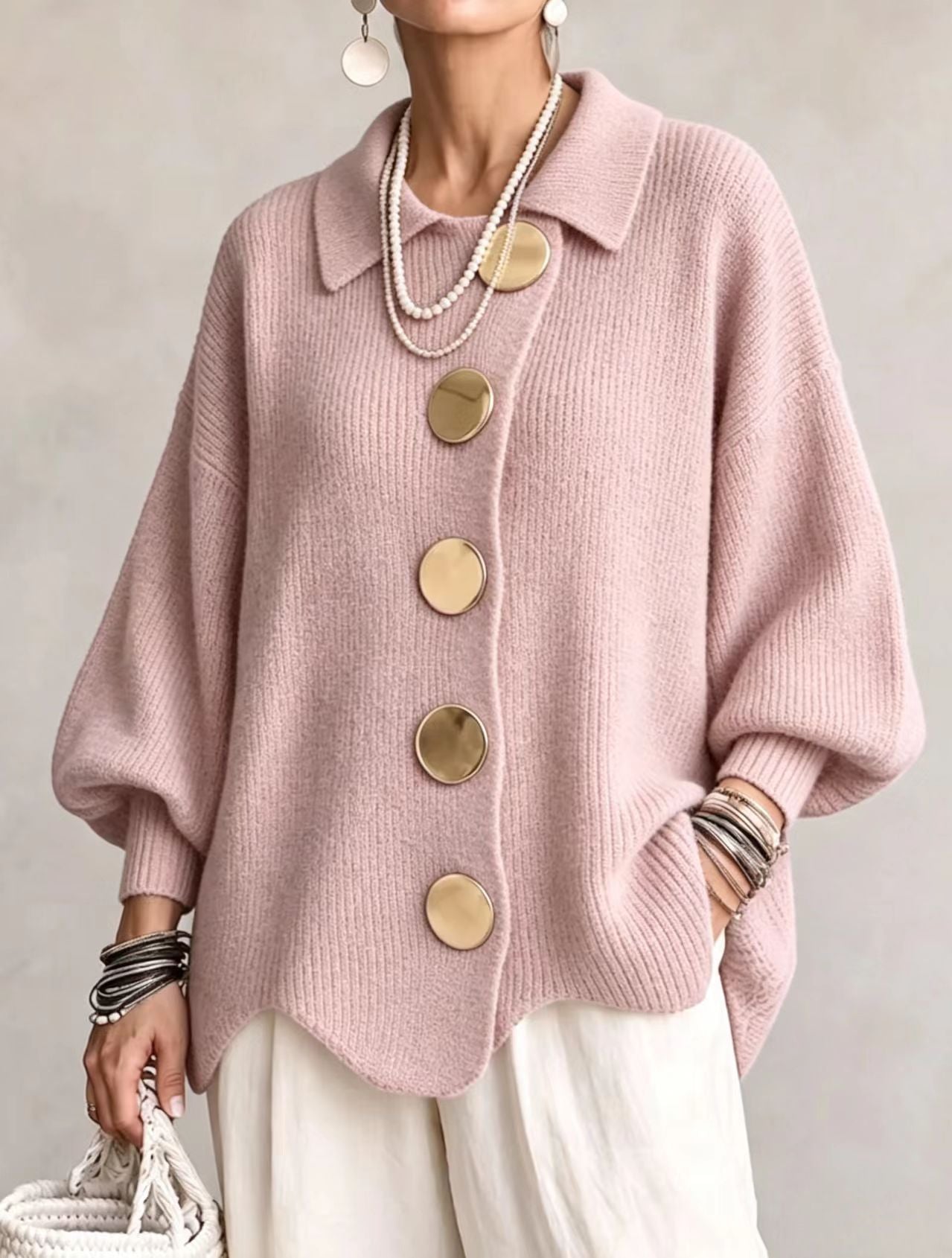 New Arrivalš„ Oversized Collared Knit Cardigan With Large Metal Buttons