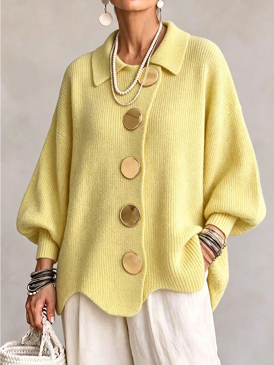 New Arrivalš„ Oversized Collared Knit Cardigan With Large Metal Buttons