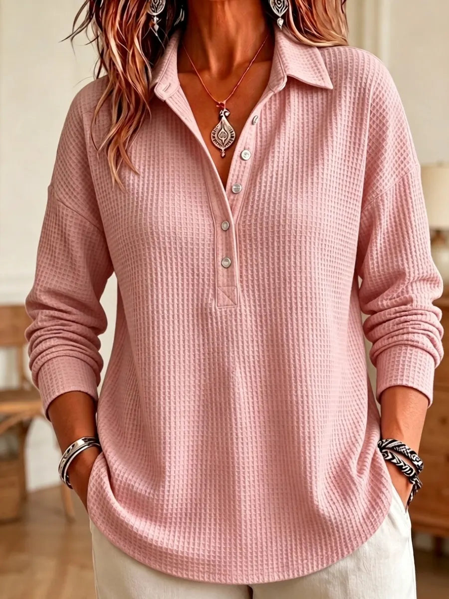 CLEARANCE SALEš„ Women's Casual Waffle Knit Collared Henley Long Sleeve Shirt