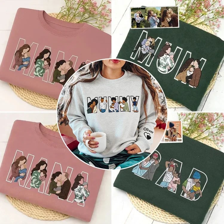 Custom Photo Portrait Embroidery Hoodie , Gift For Mum/Mama/Family
