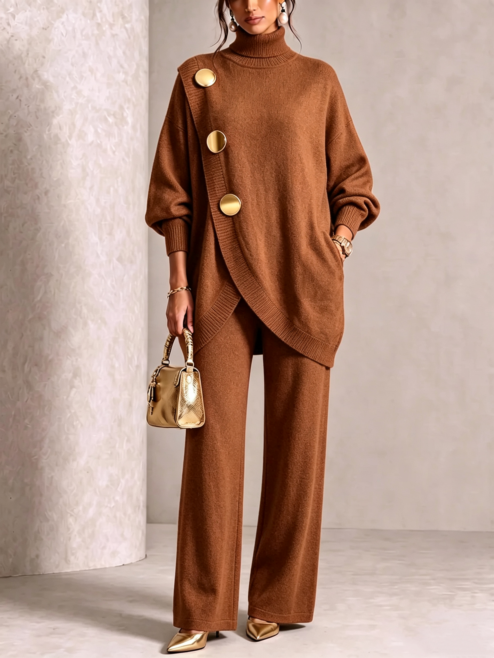 ⏰ LAST DAY SAVE 49% 💥 Gold-Button Asymmetric Knit Lounge Set