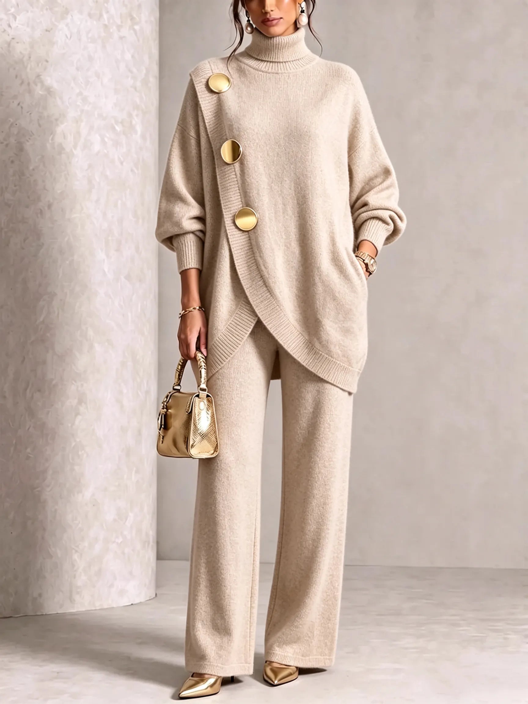 ⏰ LAST DAY SAVE 49% 💥 Gold-Button Asymmetric Knit Lounge Set