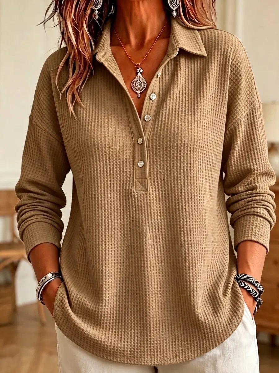 CLEARANCE SALEš„ Women's Casual Waffle Knit Collared Henley Long Sleeve Shirt