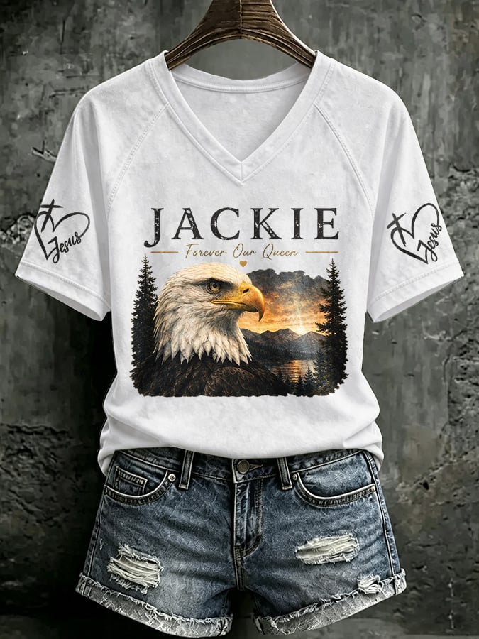 V Neck Retro Jackie Forever Our Queen Print T-Shirt