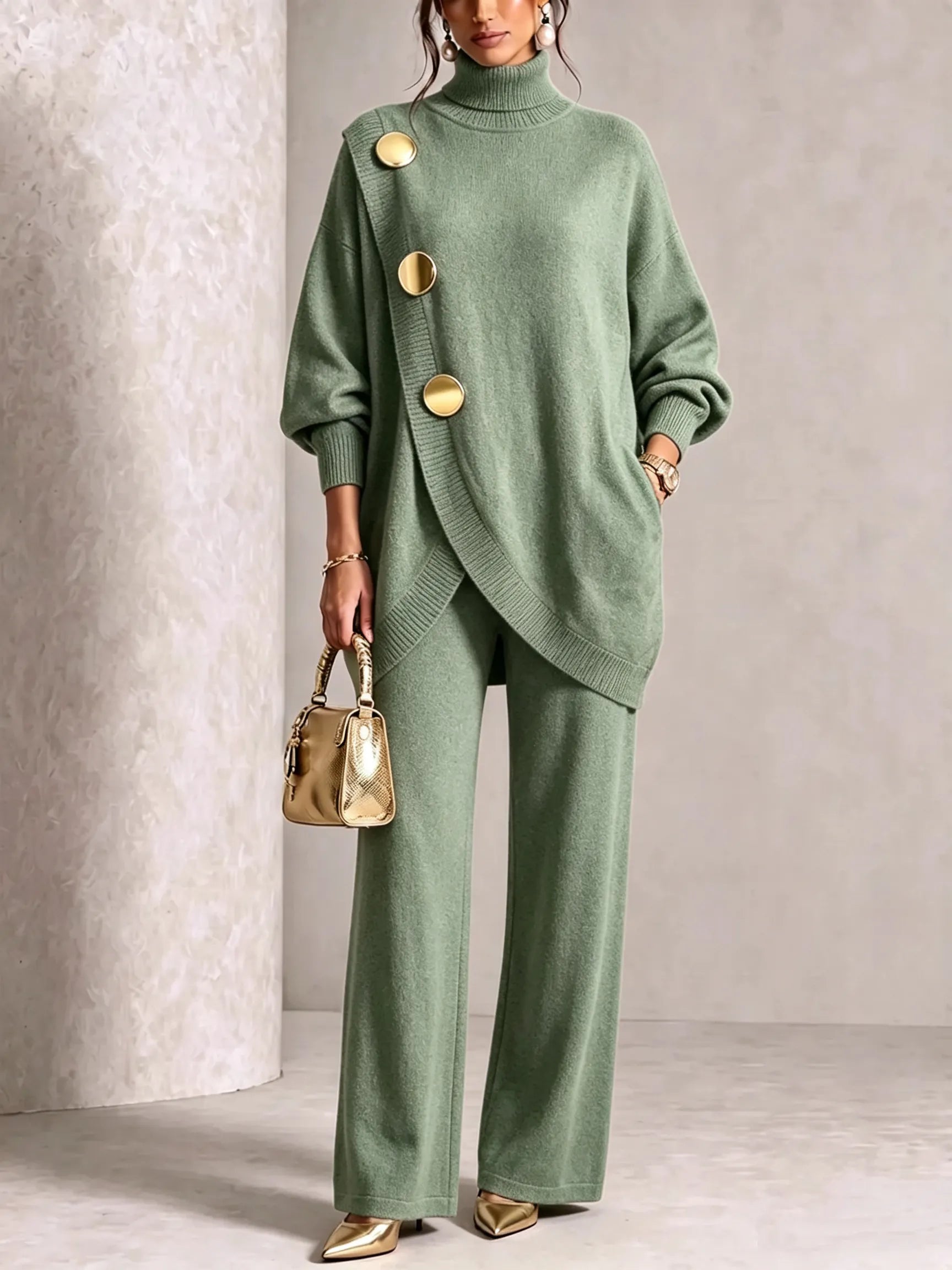 ⏰ LAST DAY SAVE 49% 💥 Gold-Button Asymmetric Knit Lounge Set