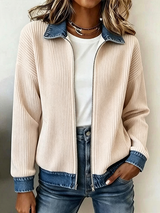 CLEARANCE SALE🔥Women's Casual Ribbed Knit Zip-Up Jacket with Contrast Denim Details