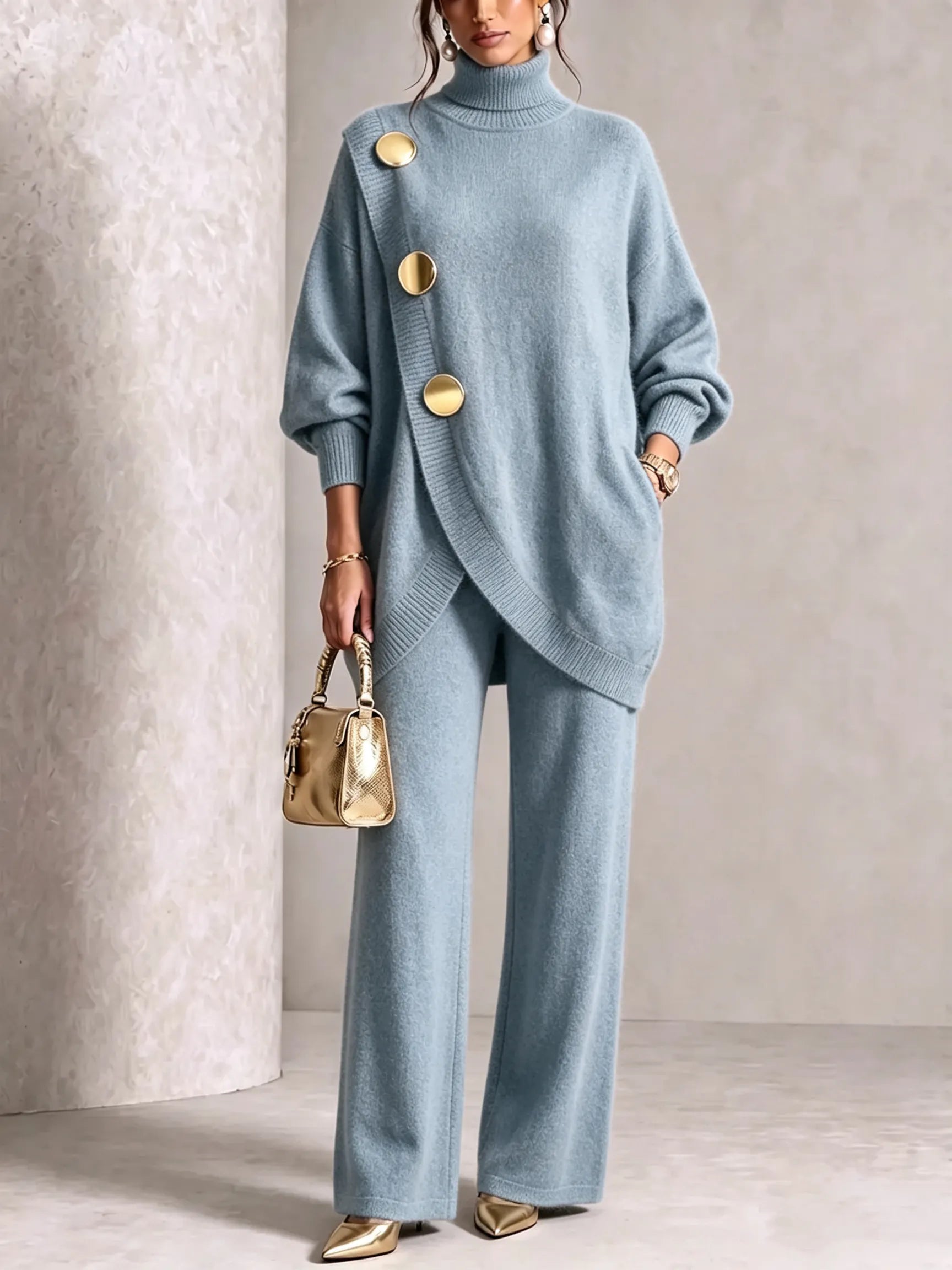 ⏰ LAST DAY SAVE 49% 💥 Gold-Button Asymmetric Knit Lounge Set