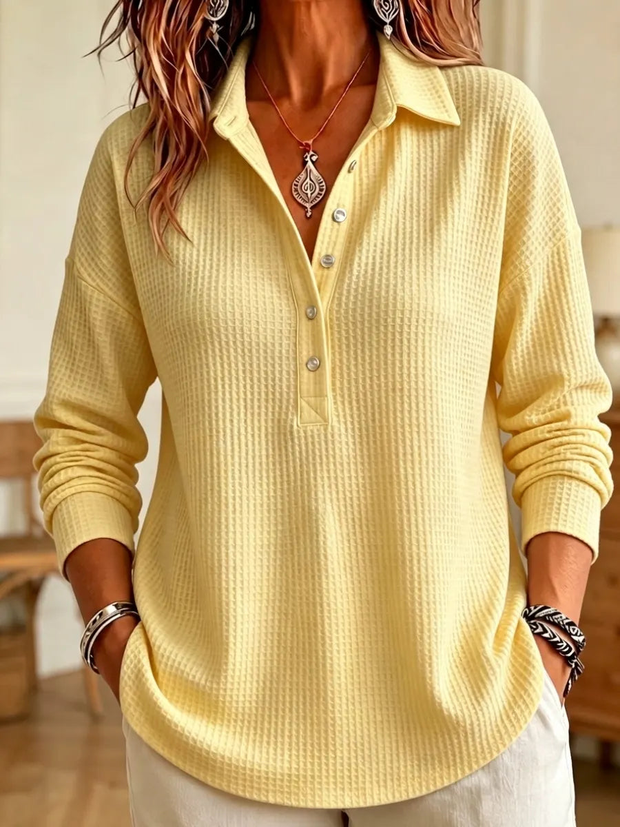 CLEARANCE SALE🔥 Women's Casual Waffle Knit Collared Henley Long Sleeve Shirt