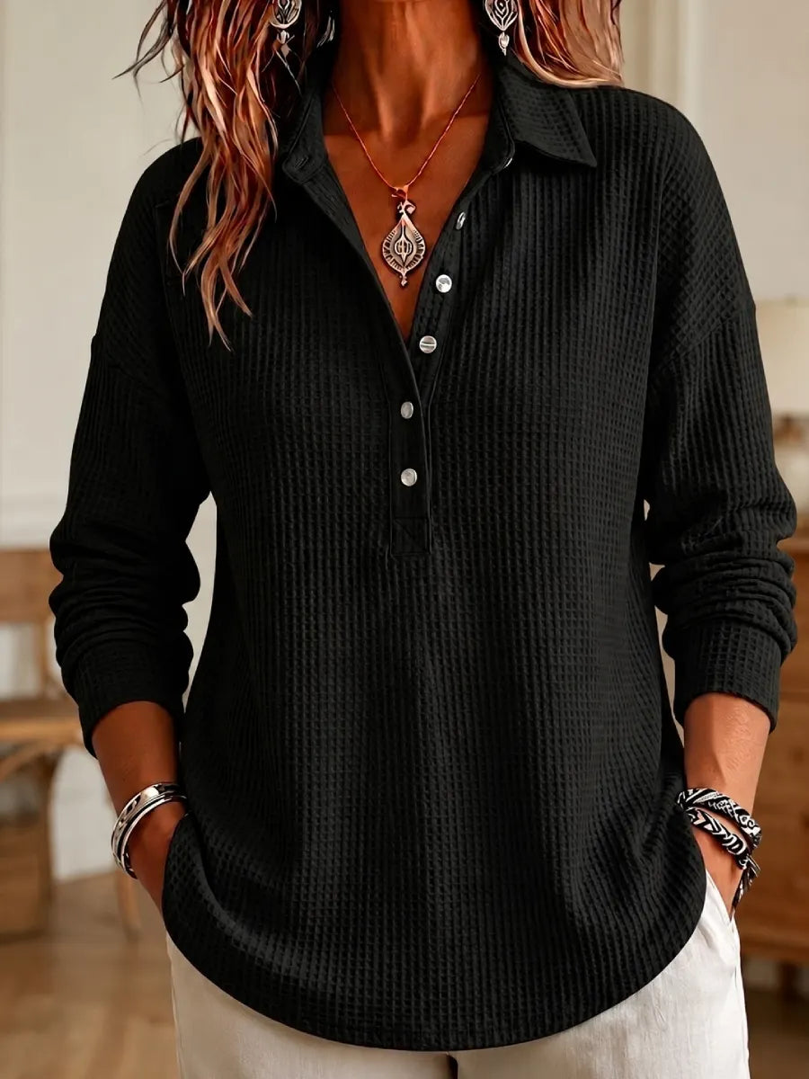 CLEARANCE SALE🔥 Women's Casual Waffle Knit Collared Henley Long Sleeve Shirt