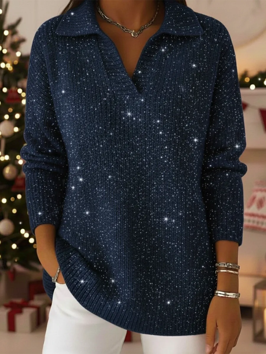 🎄 New Arrivals🔥Christmas Party Polo Collar Shiny Loose Sweater Top