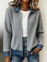 CLEARANCE SALE🔥Women's Casual Ribbed Knit Zip-Up Jacket with Contrast Denim Details