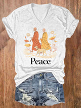 V-Neck Retro Walk For Peace Monks With Aloka Dog Print T-Shirt