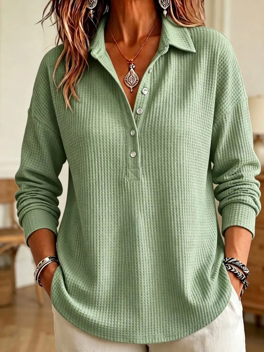 CLEARANCE SALE🔥 Women's Casual Waffle Knit Collared Henley Long Sleeve Shirt