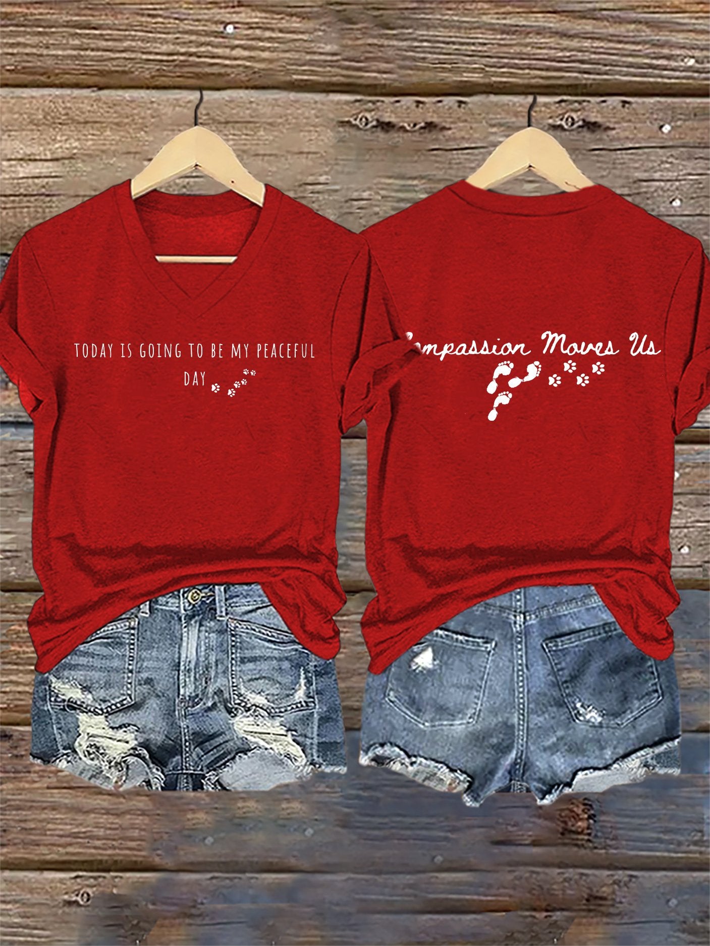 V-Neck Retro Peace Walking Monks With Aloka Dog -Today Is Going To Be Our Peaceful Day Compassion Move Us Print T-Shirt