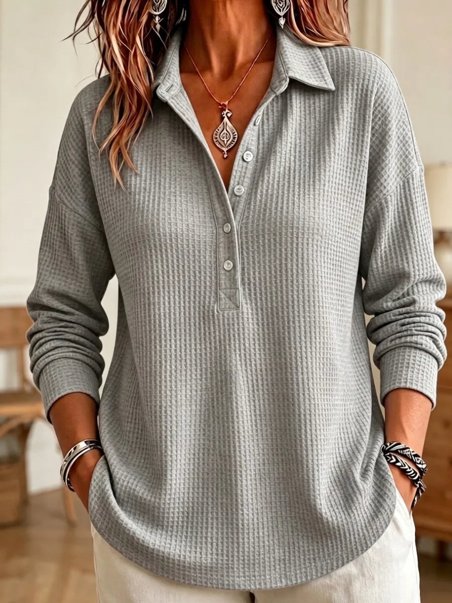 CLEARANCE SALE🔥 Women's Casual Waffle Knit Collared Henley Long Sleeve Shirt
