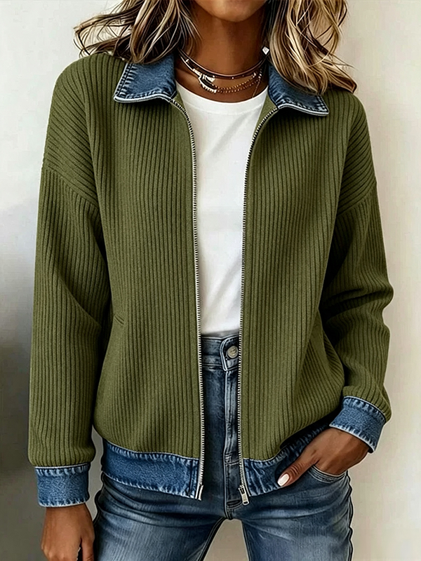CLEARANCE SALE🔥Women's Casual Ribbed Knit Zip-Up Jacket with Contrast Denim Details