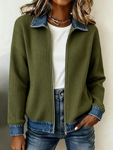 CLEARANCE SALE🔥Women's Casual Ribbed Knit Zip-Up Jacket with Contrast Denim Details