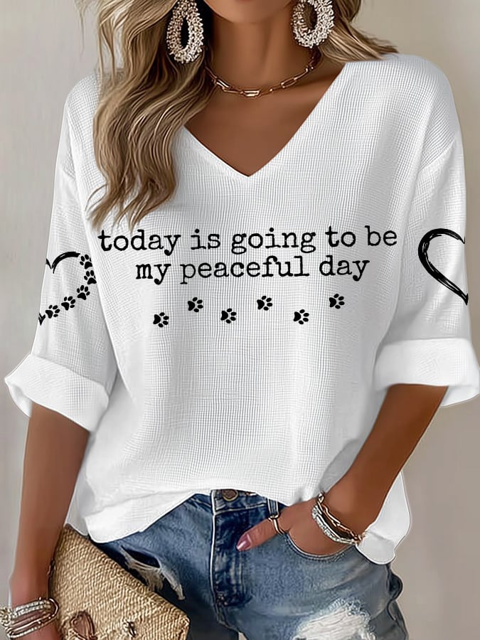 V-Neck Retro Peace Walking Monks With Aloka Dog Today Is Going To Be Our Peaceful Day Print T-Shirt