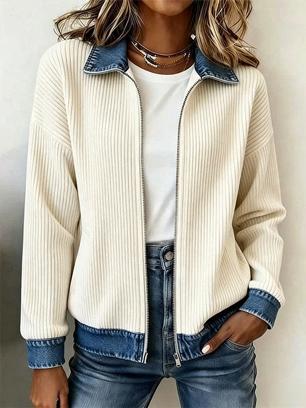 CLEARANCE SALE🔥Women's Casual Ribbed Knit Zip-Up Jacket with Contrast Denim Details