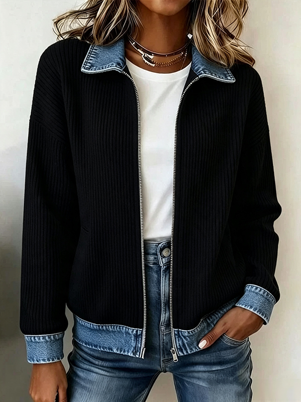 CLEARANCE SALE🔥Women's Casual Ribbed Knit Zip-Up Jacket with Contrast Denim Details