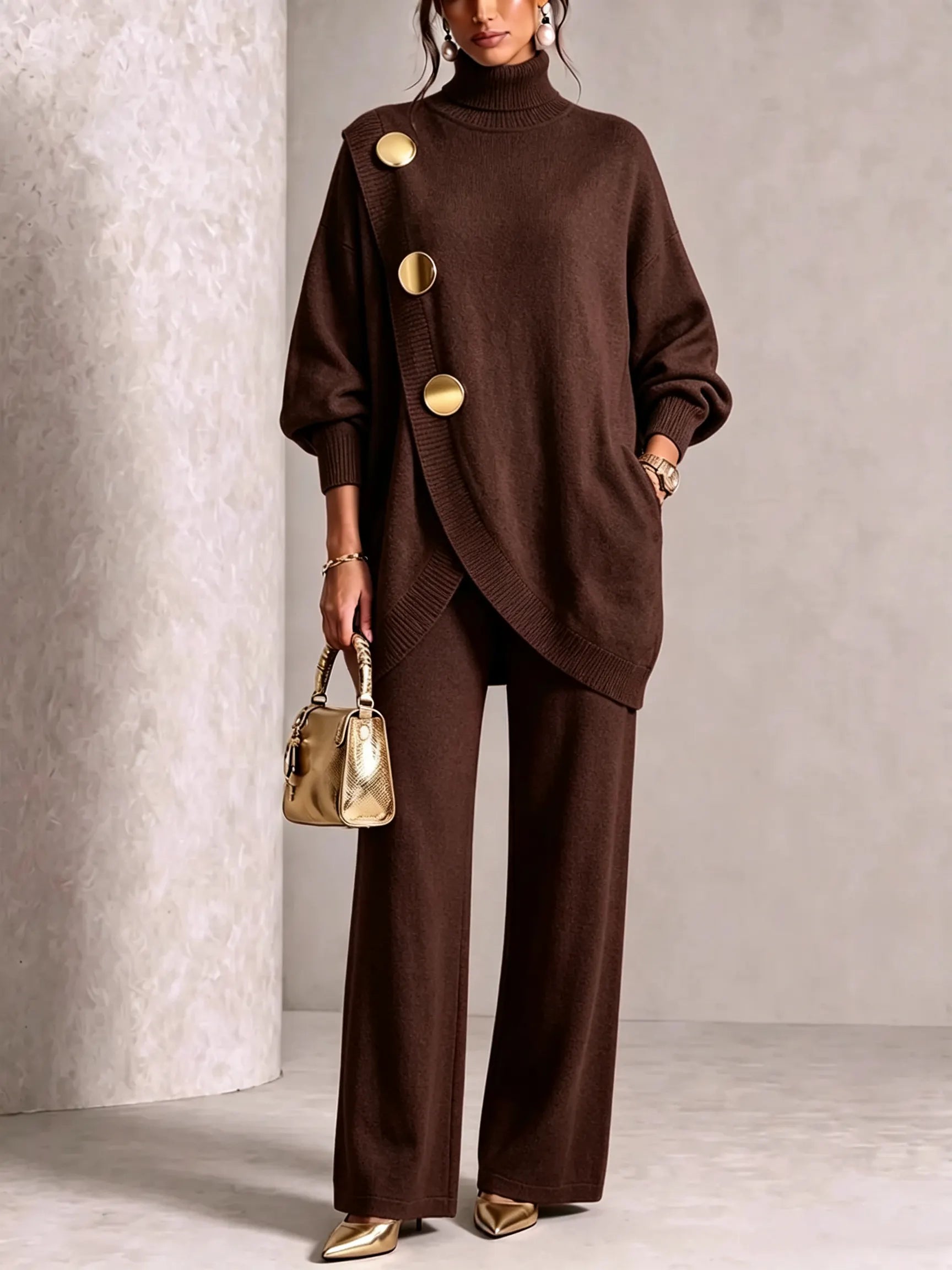 ⏰ LAST DAY SAVE 49% 💥 Gold-Button Asymmetric Knit Lounge Set