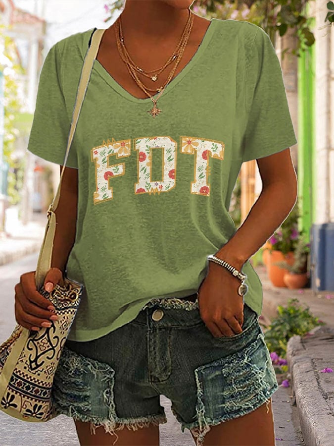V-neck Retro FDT Flowers 86 47 Print T-Shirt