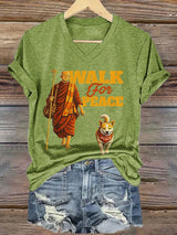V-Neck Retro Walk For Peace Monks With Aloka Dog Print T-Shirt