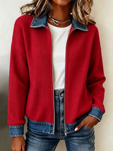 CLEARANCE SALE🔥Women's Casual Ribbed Knit Zip-Up Jacket with Contrast Denim Details