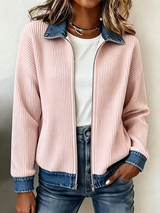 CLEARANCE SALE🔥Women's Casual Ribbed Knit Zip-Up Jacket with Contrast Denim Details