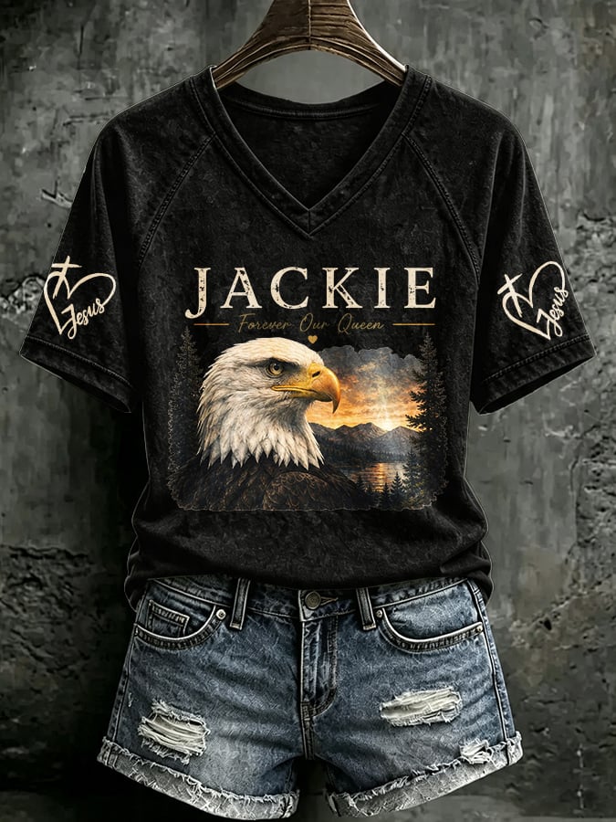 V Neck Retro Jackie Forever Our Queen Print T-Shirt