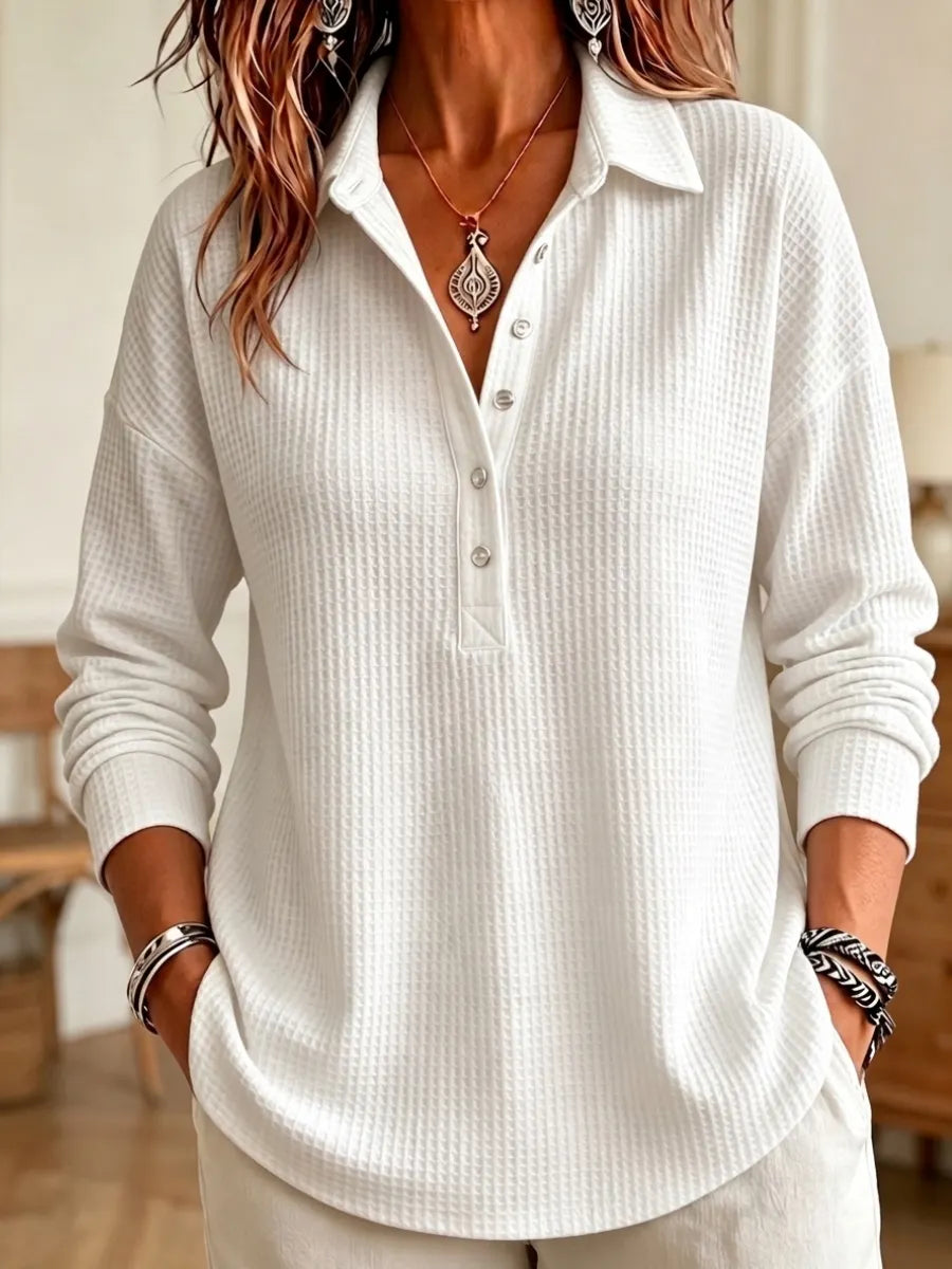 CLEARANCE SALE🔥 Women's Casual Waffle Knit Collared Henley Long Sleeve Shirt