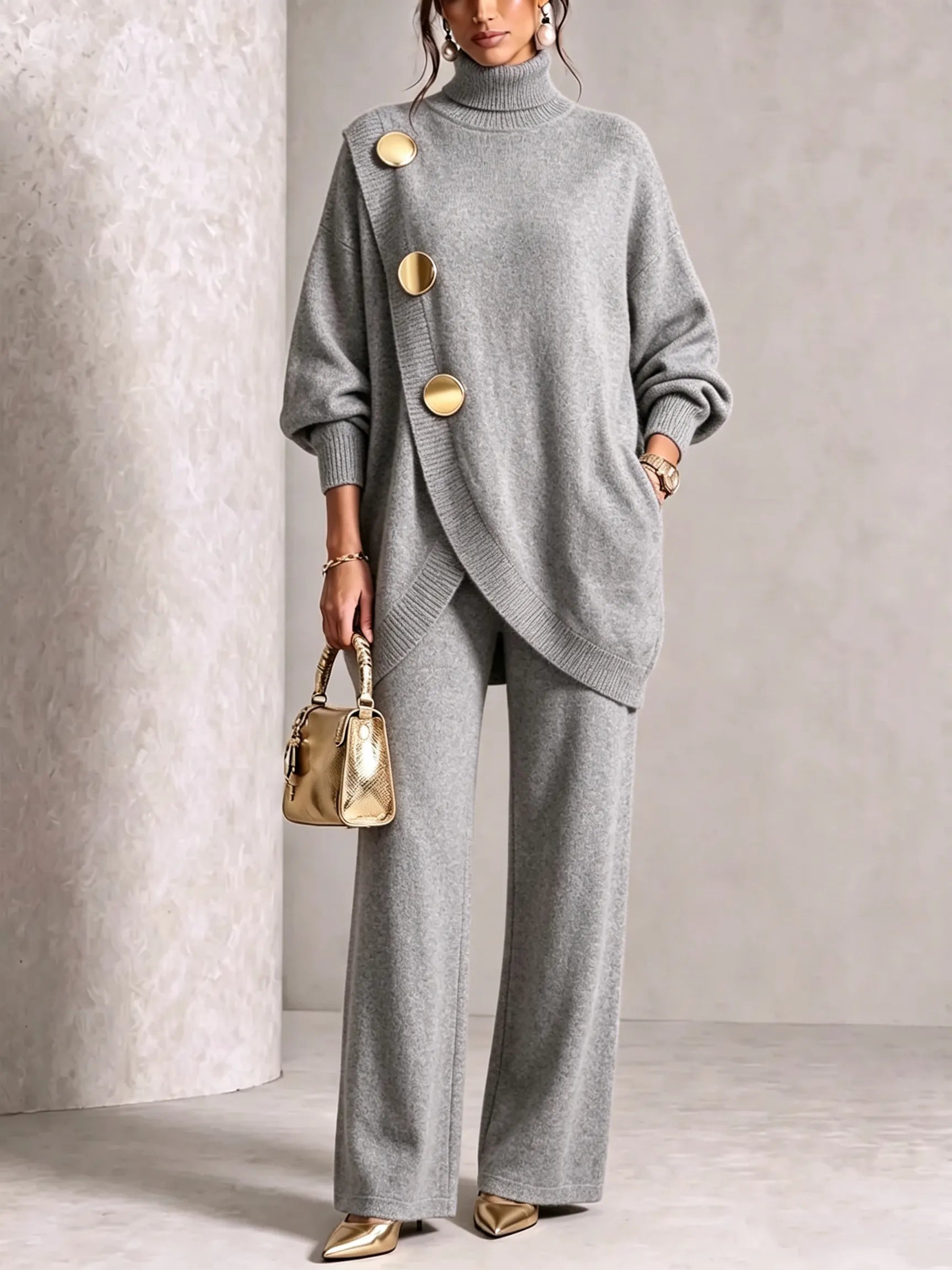 ⏰ LAST DAY SAVE 49% 💥 Gold-Button Asymmetric Knit Lounge Set