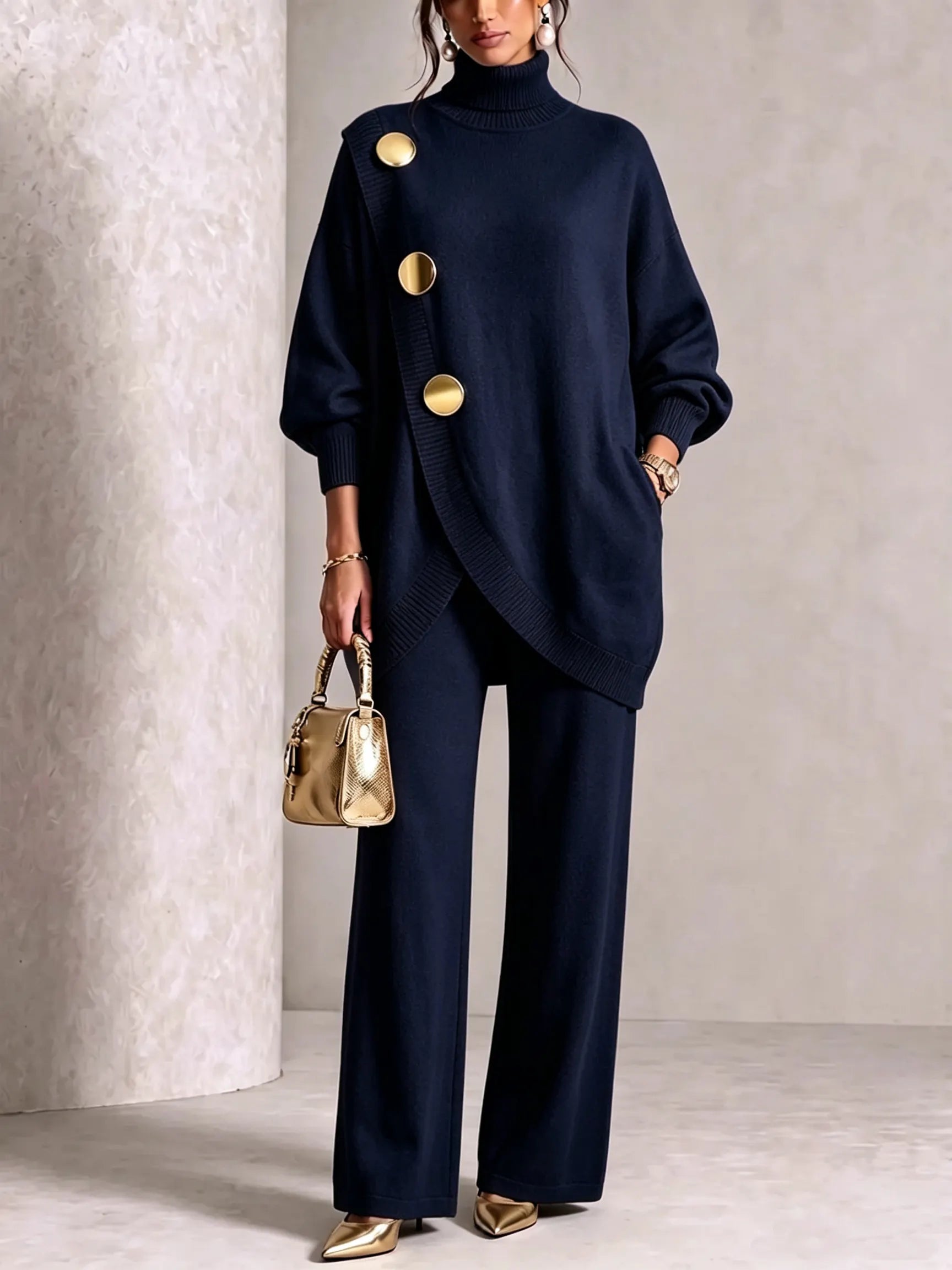 ⏰ LAST DAY SAVE 49% 💥 Gold-Button Asymmetric Knit Lounge Set