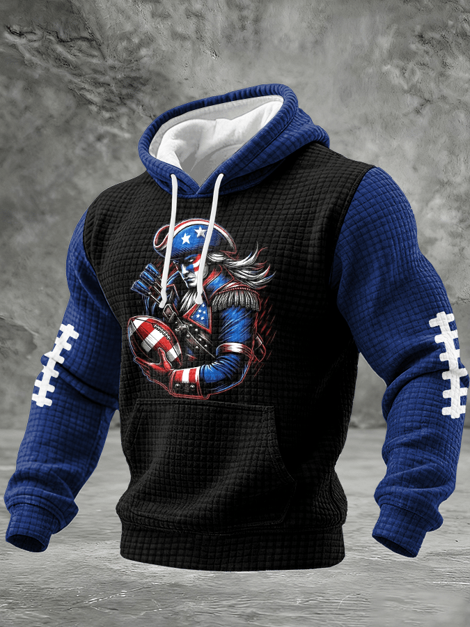 Men's Football Print Checkered Fabric Hooded Sweatshirt