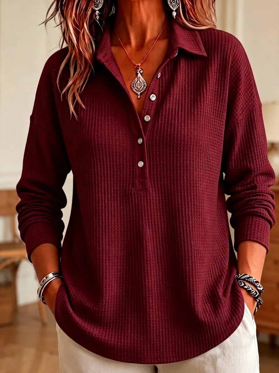 CLEARANCE SALE🔥 Women's Casual Waffle Knit Collared Henley Long Sleeve Shirt